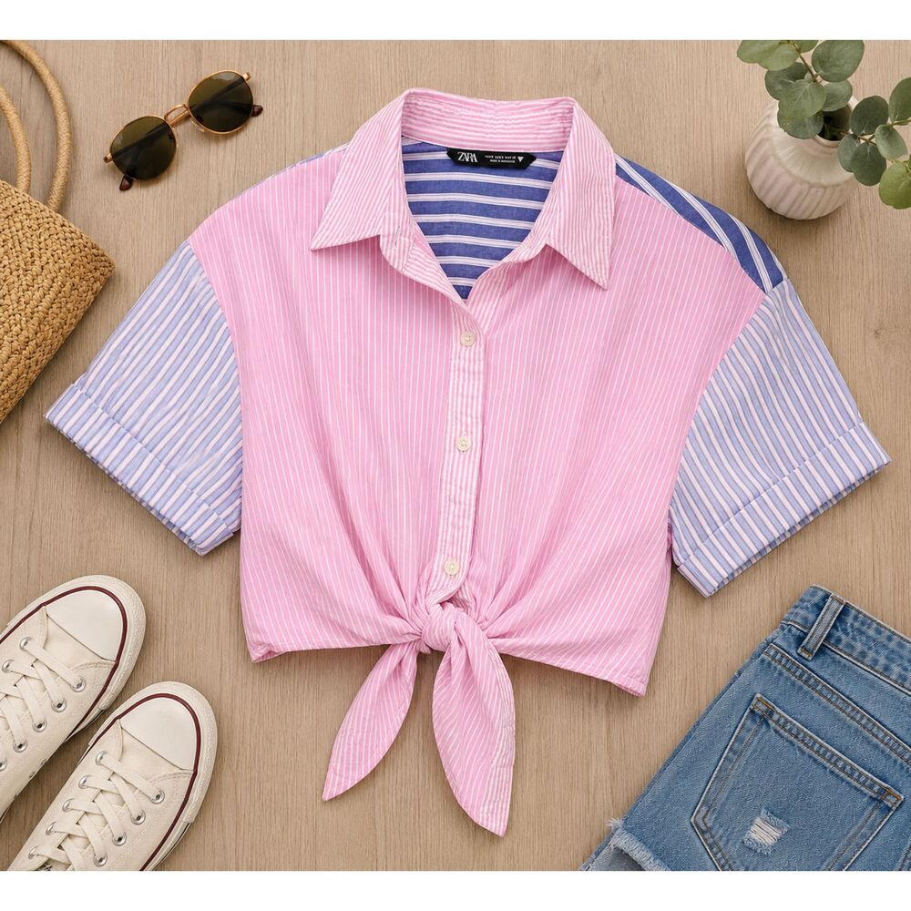 Zara Contrasting Stripe Poplin Crop Tie Front Button Down Shirt Size Small (1013
